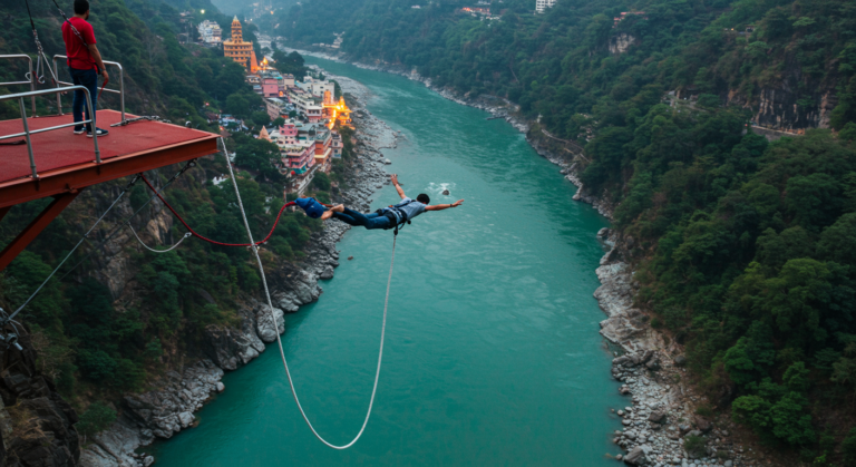 Image for the article 'Soar Above the Ganges: Your Ultimate Guide to Bungee Jumping in Rishikesh' regarding Tourism.