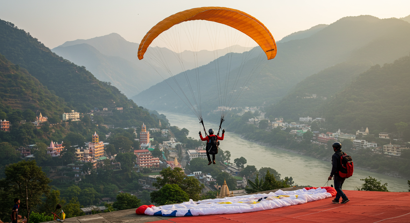 Image for the article 'Soar Above the Ganges: Your Ultimate Guide to Paragliding in Rishikesh' regarding Tourism.